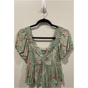 URBAN OUTFITTERS Green Floral Smocked Cropped Blouse